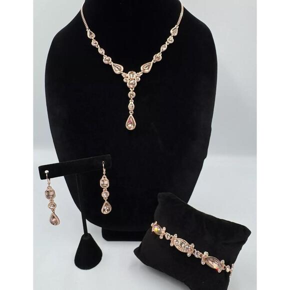 Givenchy Rose Gold Tone Parure Crystal Y Drop Necklace Bracelet Dangle Earrings - Picture 1 of 16